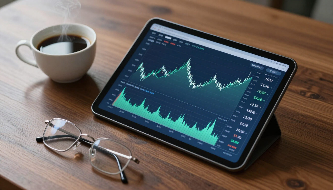 Tablet displaying stock charts on a wooden table beside a coffee cup and eyeglasses