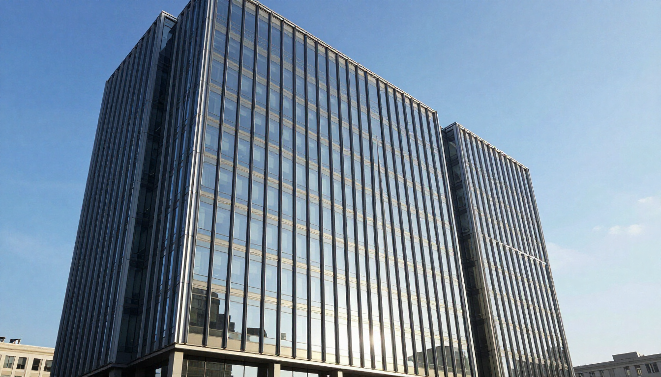 Modern glass office building with reflective windows against a blue sky