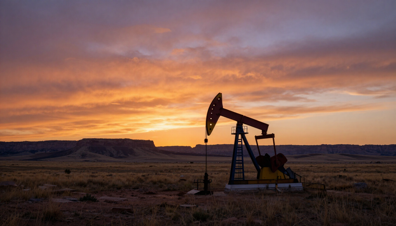 Oil pumpjack silhouetted against a colorful sunset in an open field
