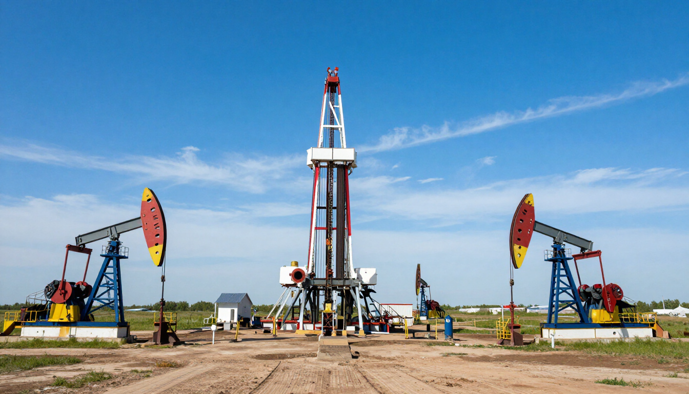 Oil pumps in a wide field under a blue sky, with a tall drilling rig centered between two pumpjacks.