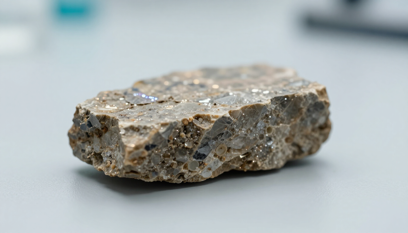 Close-up of a gray, porous rock resting on a smooth surface.