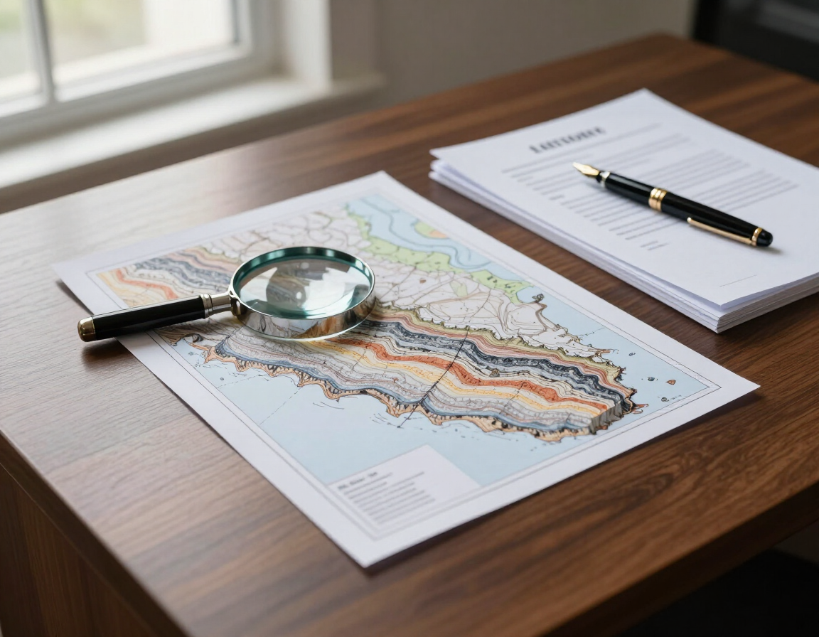 Magnifying glass on a coastal map beside a pen and notepad on a wooden desk.