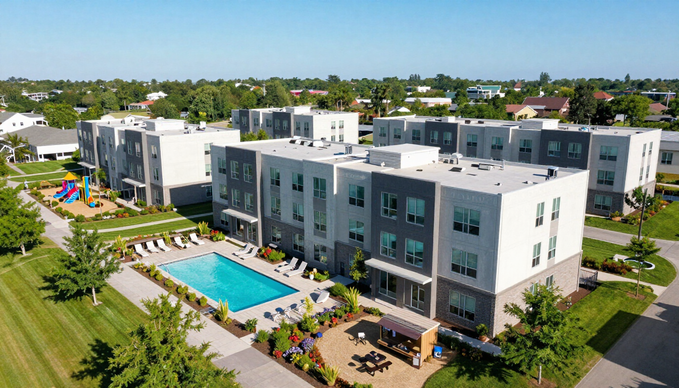 Aerial view of modern apartment buildings with a central pool, patio, and landscaped grounds