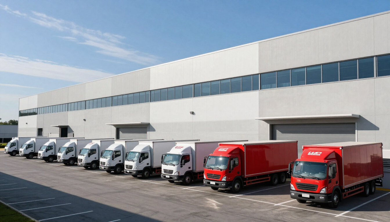 Row of delivery trucks parked outside a large warehouse on a sunny day