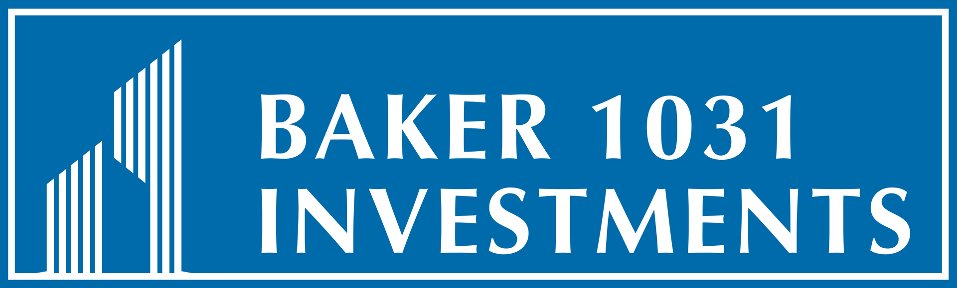 The logo for Baker 1031 Investments featuring white text on a blue rectangular background with a white building icon.