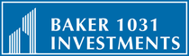 The logo for Baker 1031 Investments featuring white text on a blue rectangular background with a white building icon.