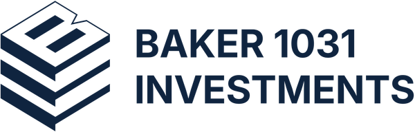 Baker 1031 Investments logo with navy text and stylized building icon