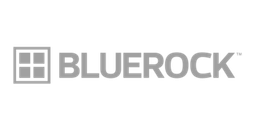 BLUEROCK logo with gray text and a four-square icon on a white background