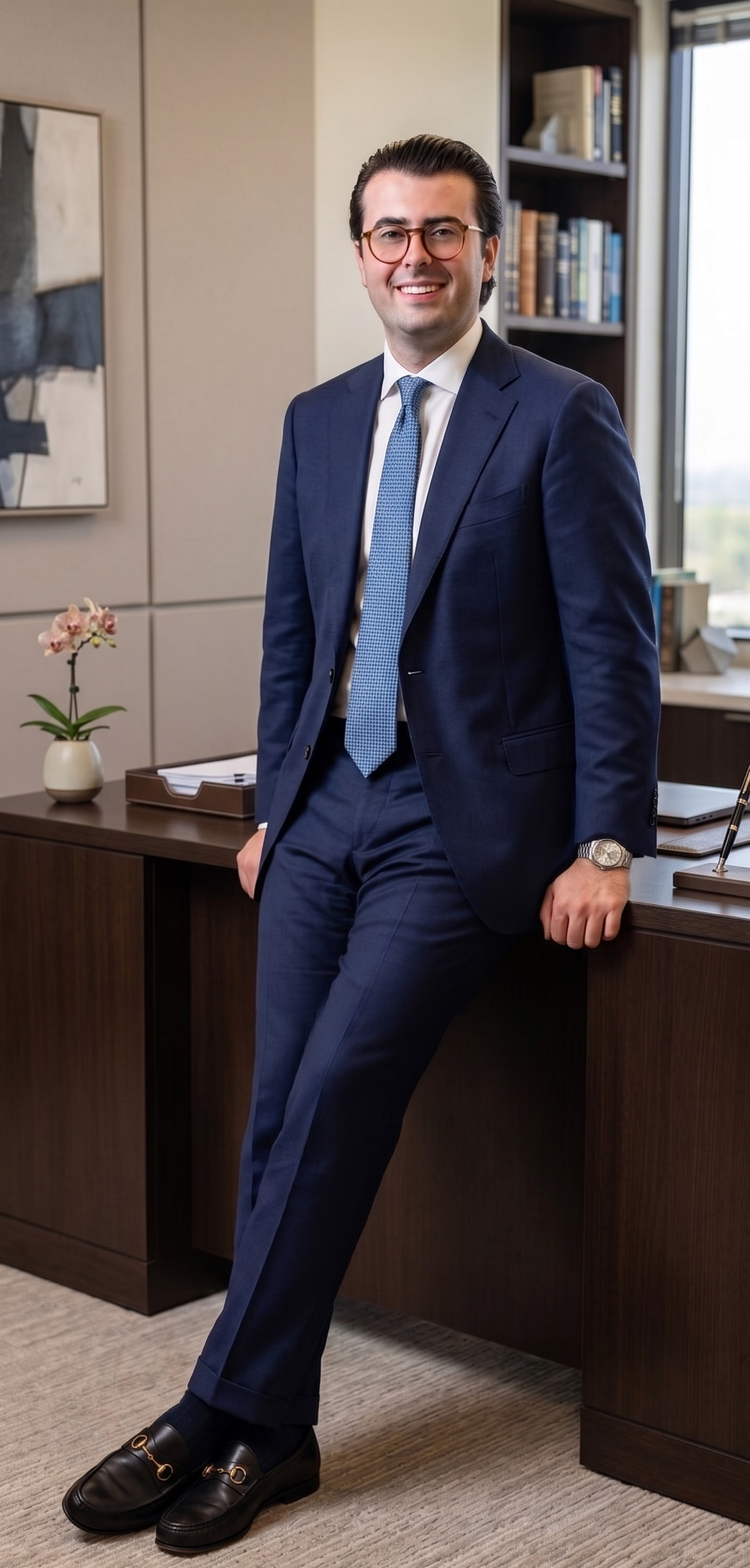 Man in a navy suit leaning against a desk in a modern office, smiling at the camera