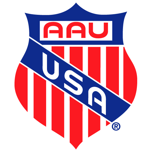 A red white and blue logo for aau usa