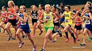 A group of young girls are running in a race.