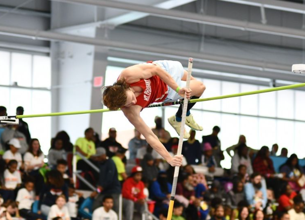 A man is jumping over a pole in front of a crowd