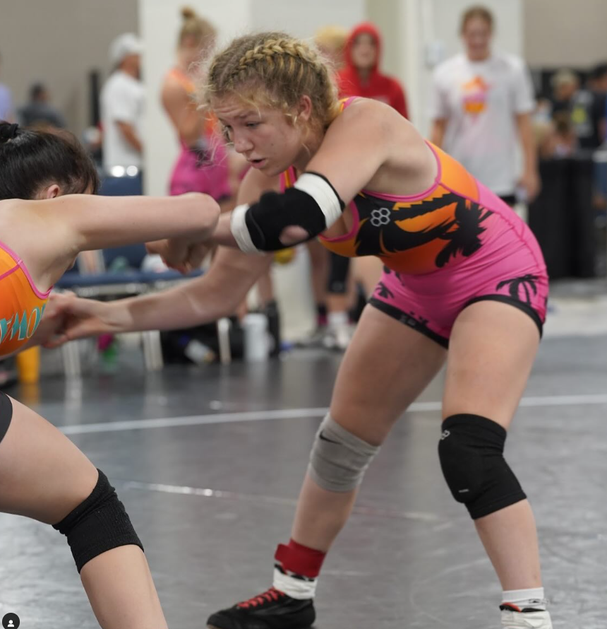 Two women are wrestling on a wrestling mat with one wearing a pink outfit with palm trees on it