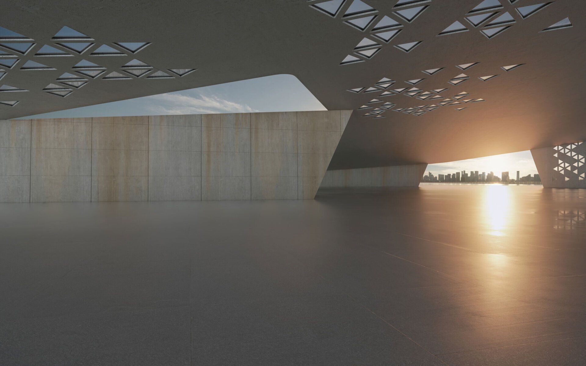 modern building exterior with polished concrete floor