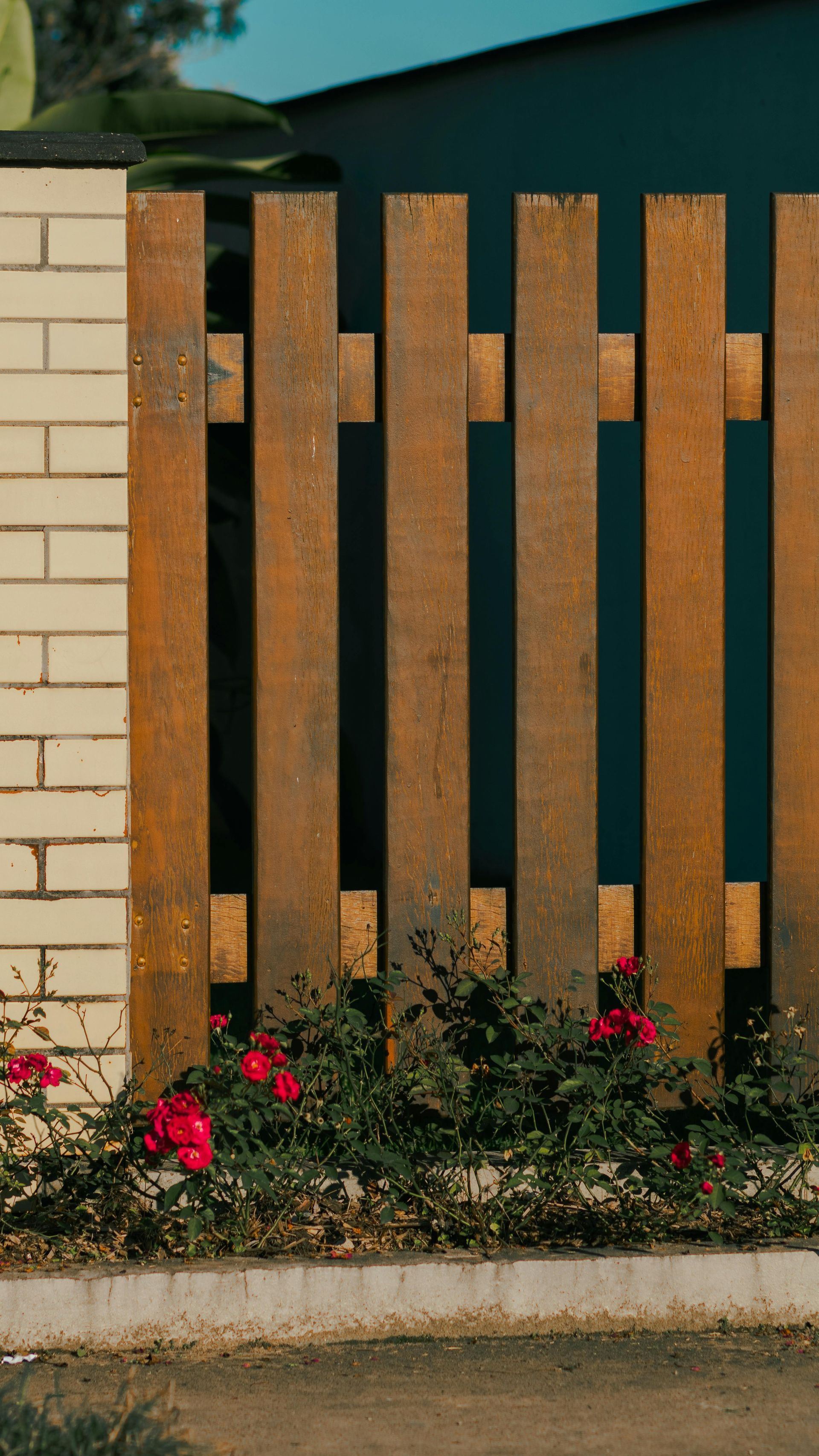 Wooden slat fence with brick post beside a garden bed of red flowers and shrubs