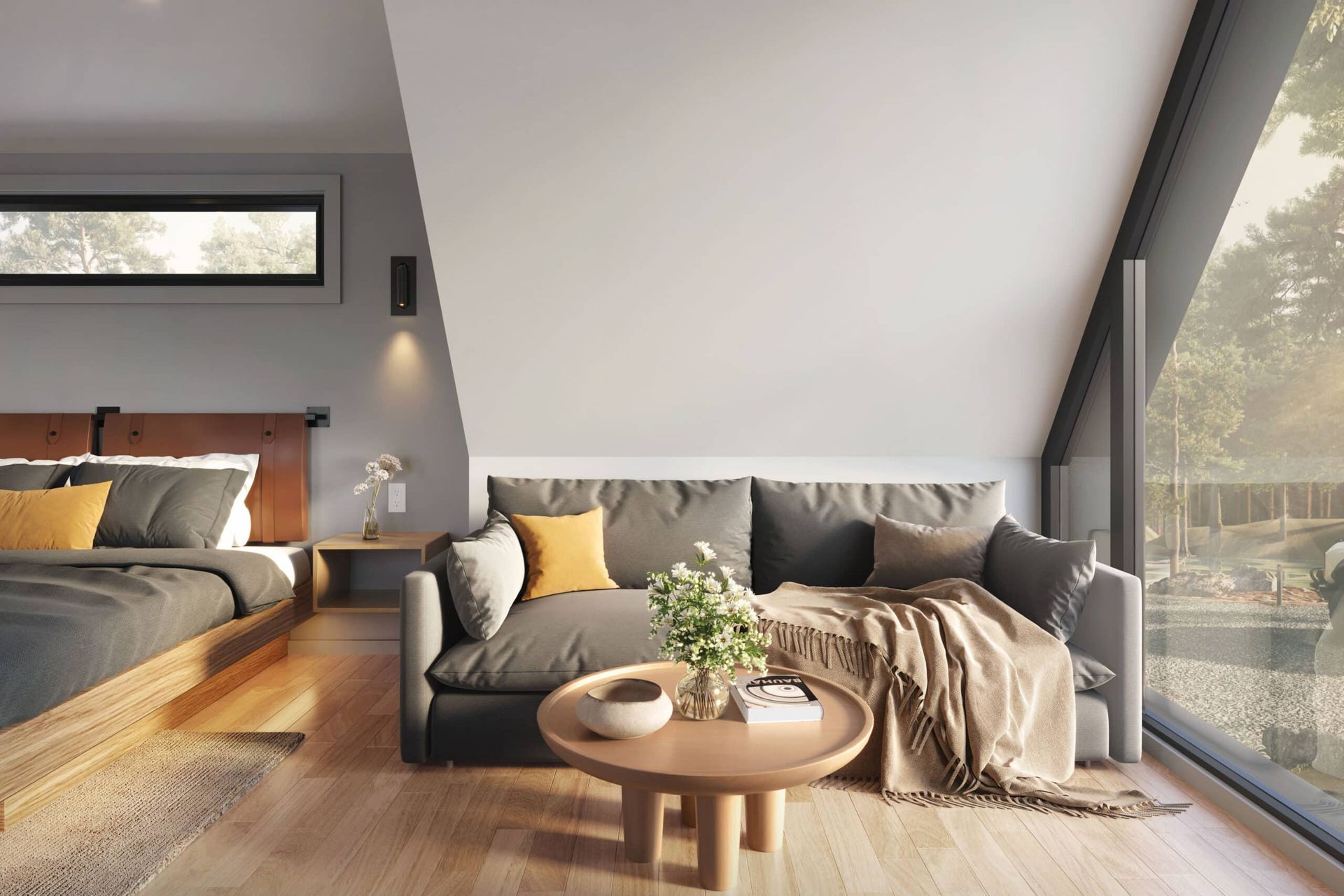 A living room with a couch , table , and bed.