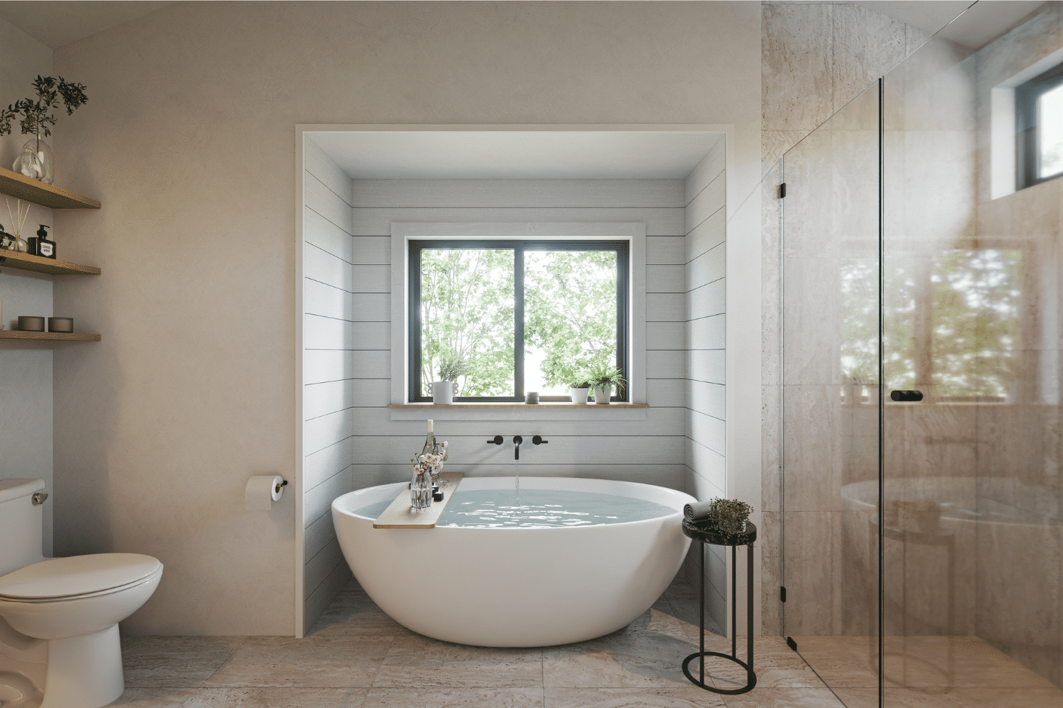 A bathroom with a tub , toilet , shower and window.