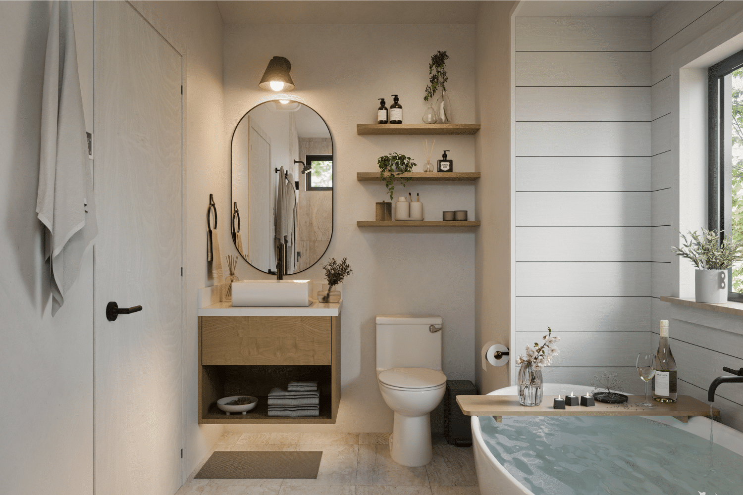 A bathroom with a tub , toilet , sink and mirror.