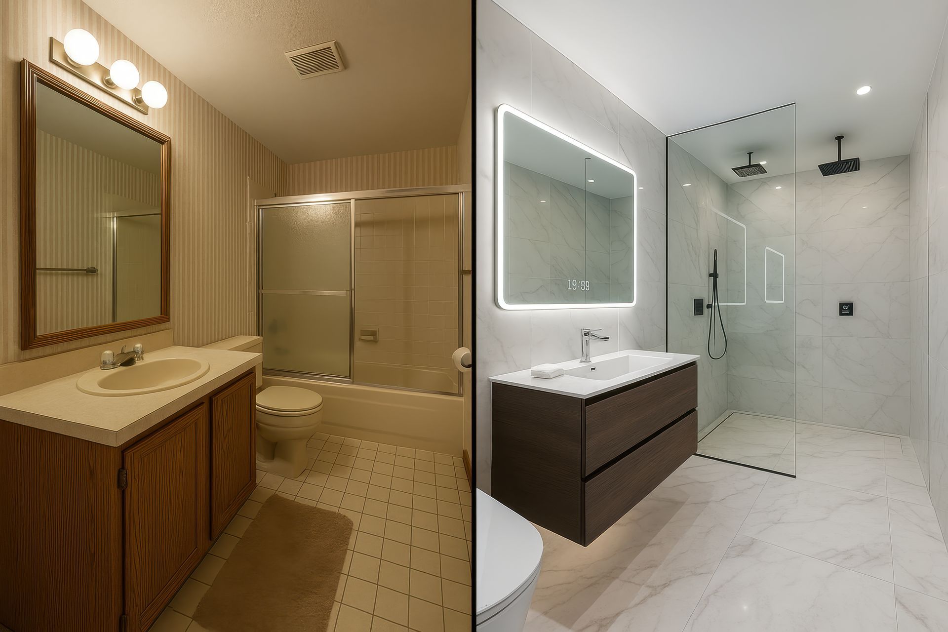 Before and after of a bathroom remodel: outdated design to modern, with white tile, a floating vanity, and a glass shower.