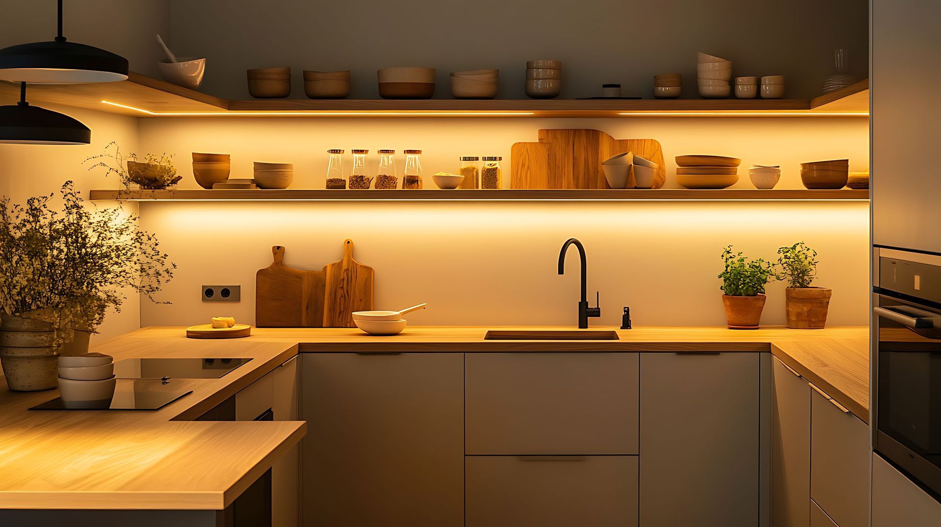 Modern kitchen with wooden countertops, open shelving, and warm under-cabinet lighting.