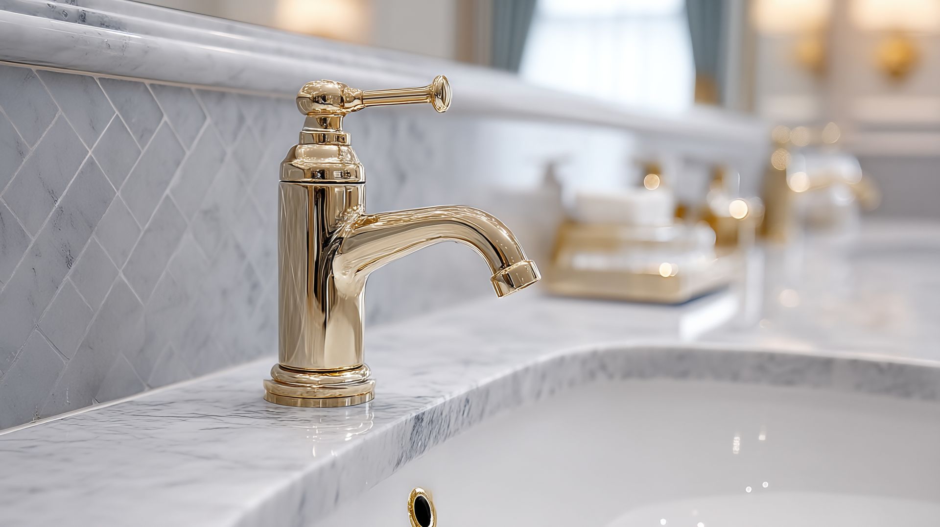 Gold faucet on a white marble countertop with a blurred background of other bathroom fixtures.