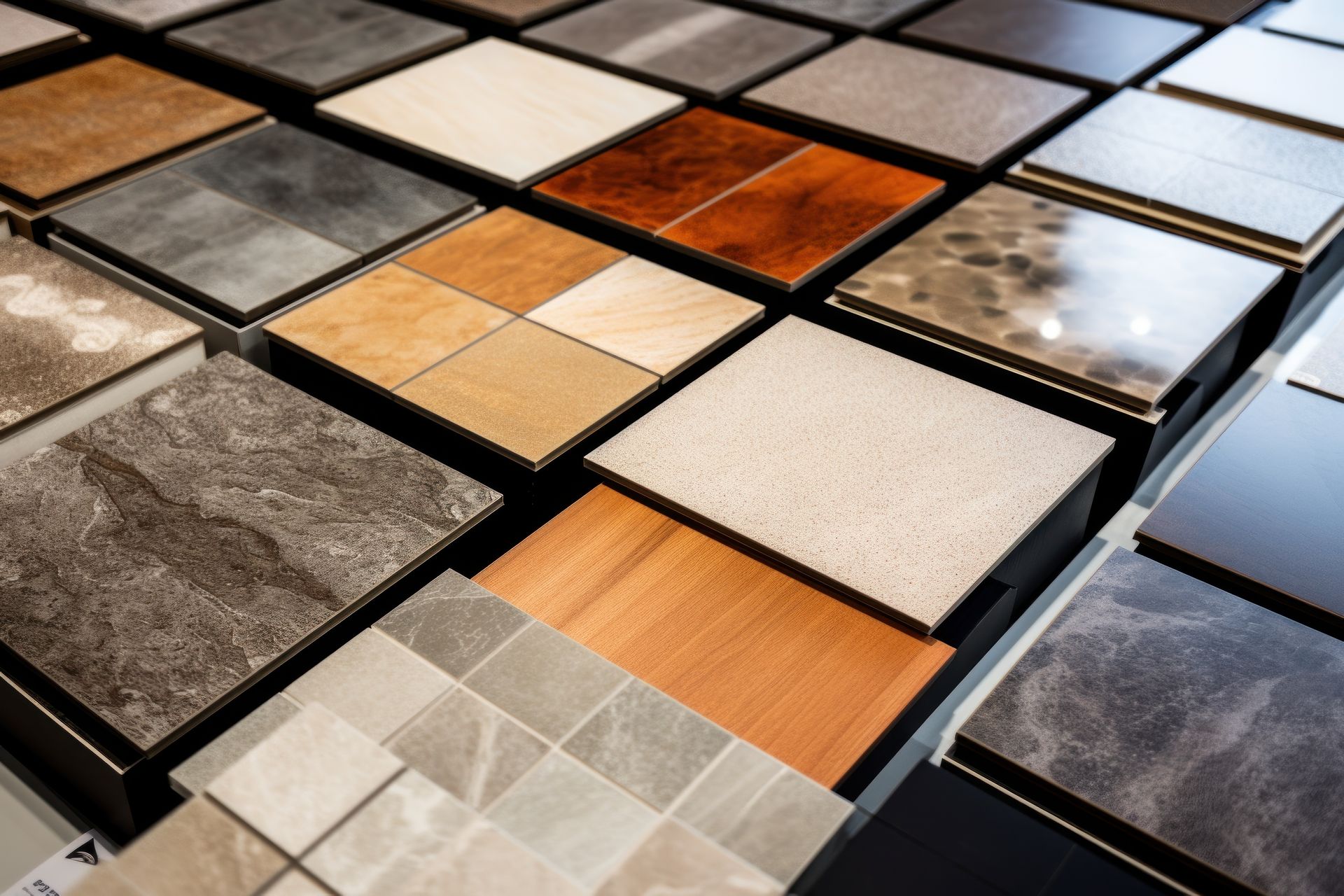 An array of assorted flooring and countertop material samples, including wood, stone, marble, and textured tiles.