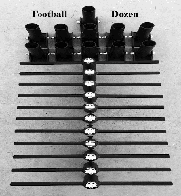 A black and white photo of a football dozen