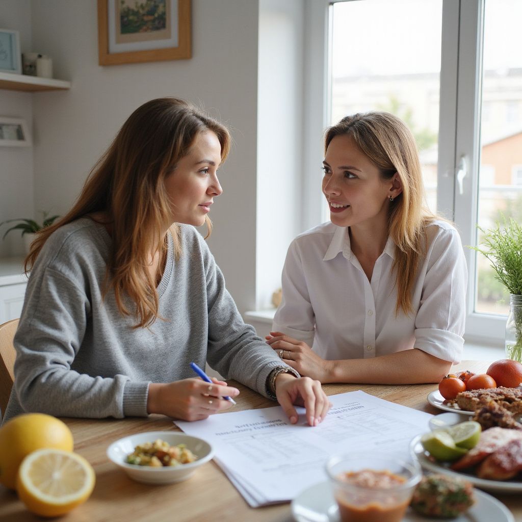 Two women at a table, one writing on papers, the other smiling. Food and fruit are nearby.