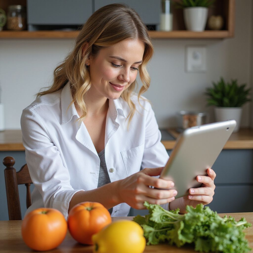 Woman in kitchen with tablet, smiling, looking at recipes with fruits and vegetables on table.