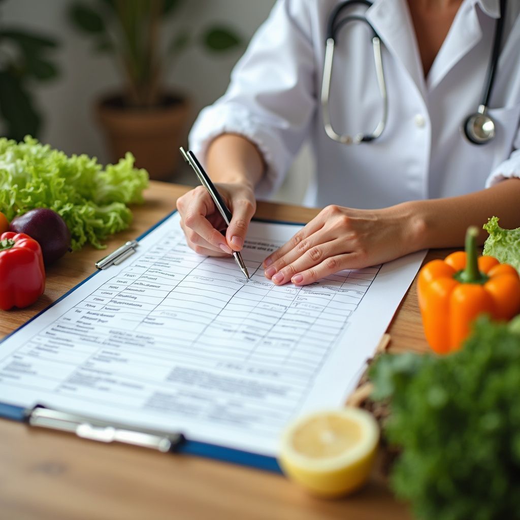 Dietician in a white coat writing on a clipboard, surrounded by fresh vegetables and a lemon.