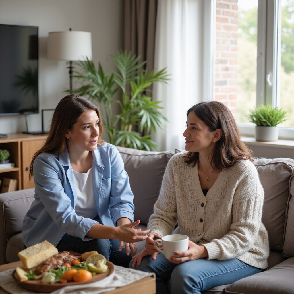 Two women seated on a sofa, conversing. One gestures while the other holds a mug. A snack tray sits in front.