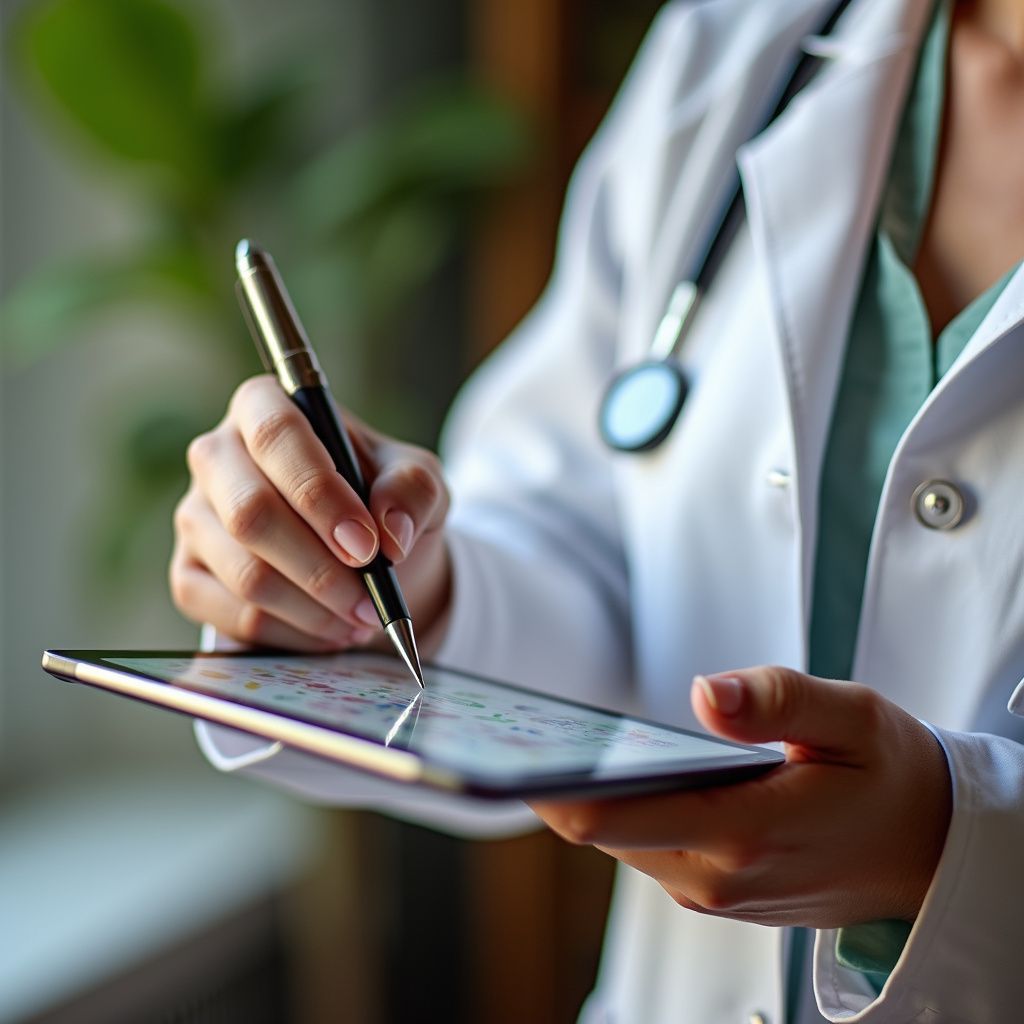 Doctor writing on a tablet, wearing a white coat and stethoscope.