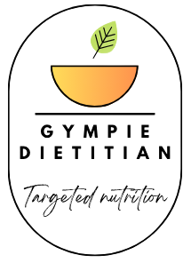 Logo for Gympie Dietitian, featuring a bowl icon with a leaf, text, and 