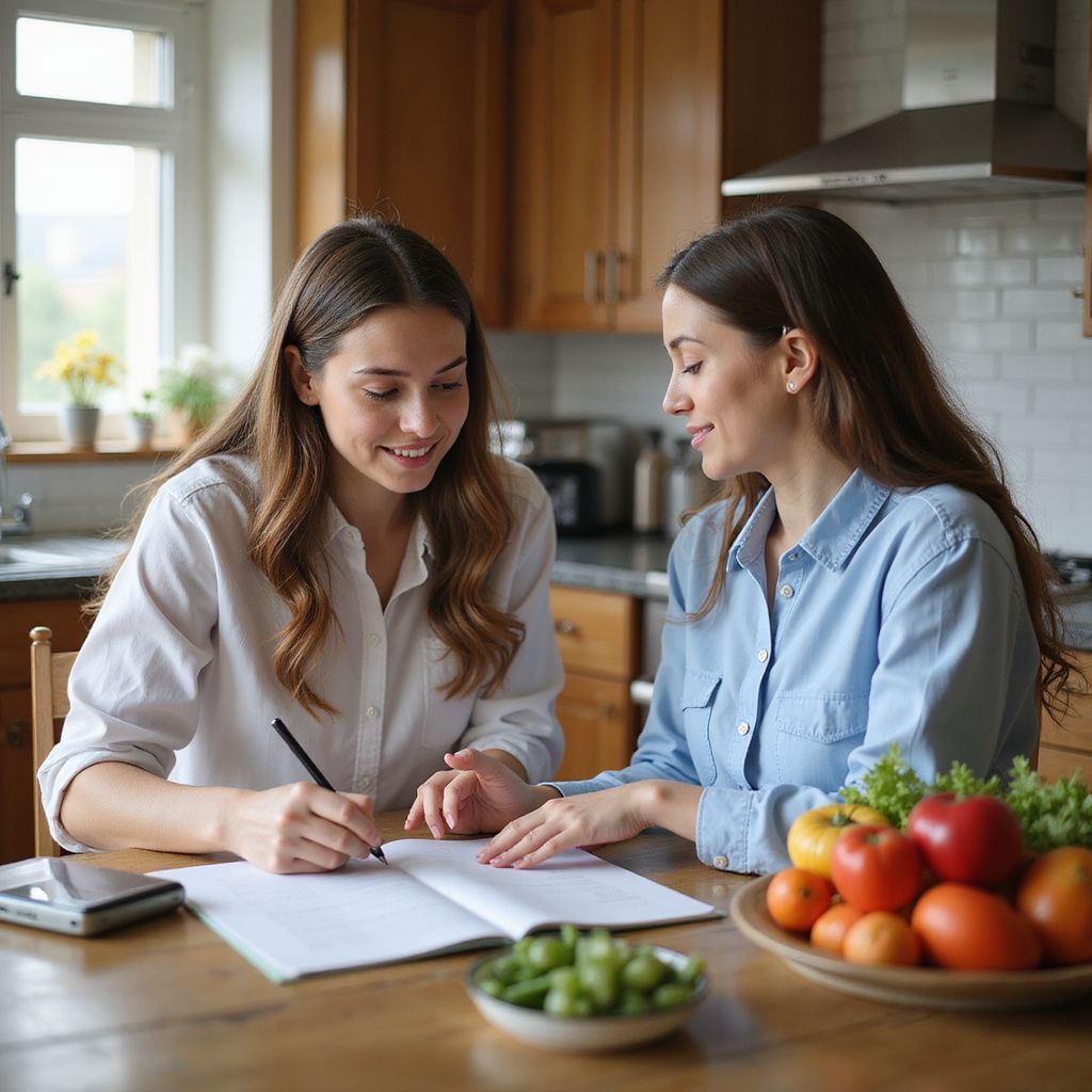 Two women in kitchen writing in notebook, looking at each other, smiling. Bowl of produce.