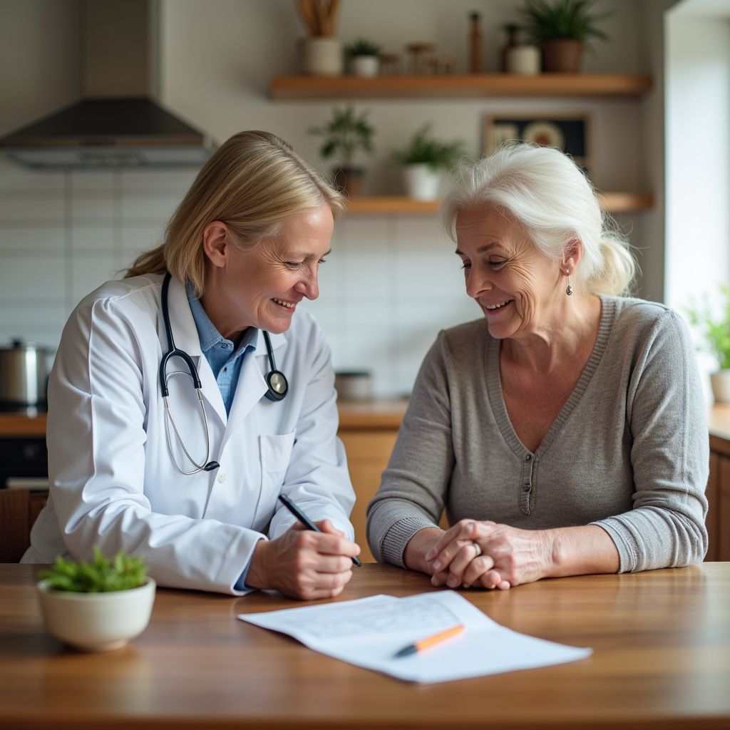 Doctor in lab coat smiling and talking with an elderly woman at a kitchen table.