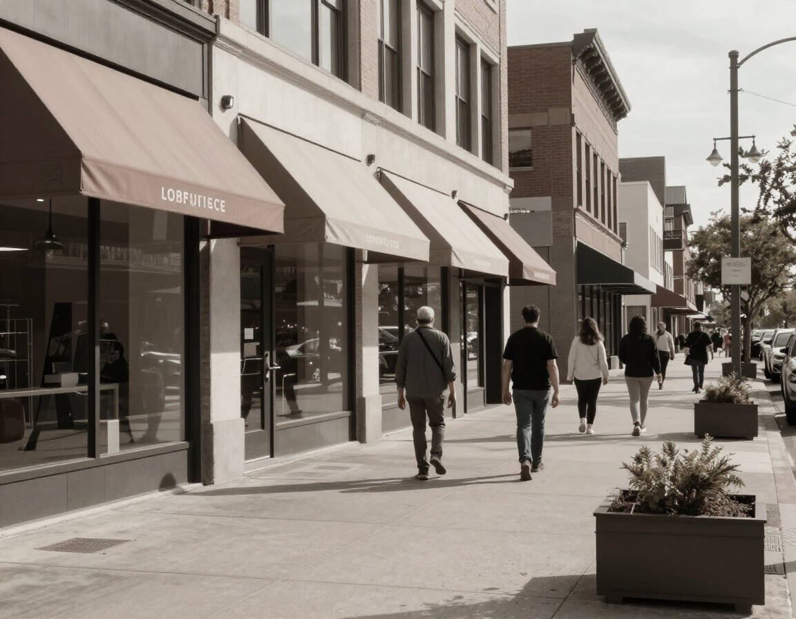 Downtown commercial street with storefronts and pedestrians