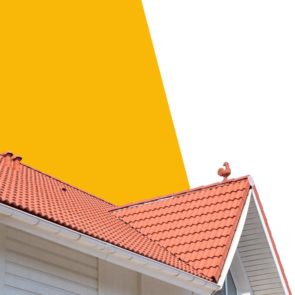 A red tiled roof with a rooster on top of it