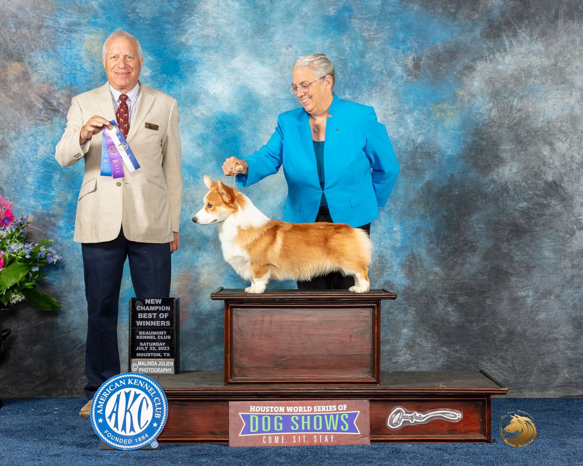 A man and woman standing next to a dog on a podium that says dog show