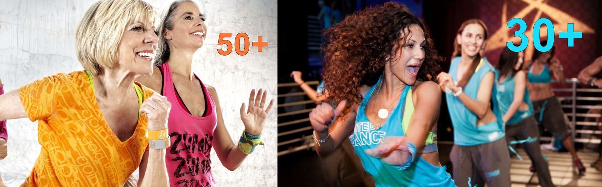 Groepsfitnessles voor 50-plussers en 30-plussers. Dansende, gevarieerde deelnemers in een studio.