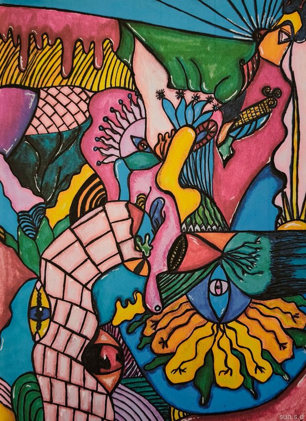 Print van een kleurrijke, abstracte  tekening met organische vormen, patronen, ogen en levendige tinten.