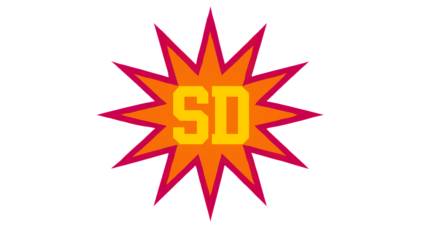 Een stervorm in oranje en rode tinten met de gele letters 