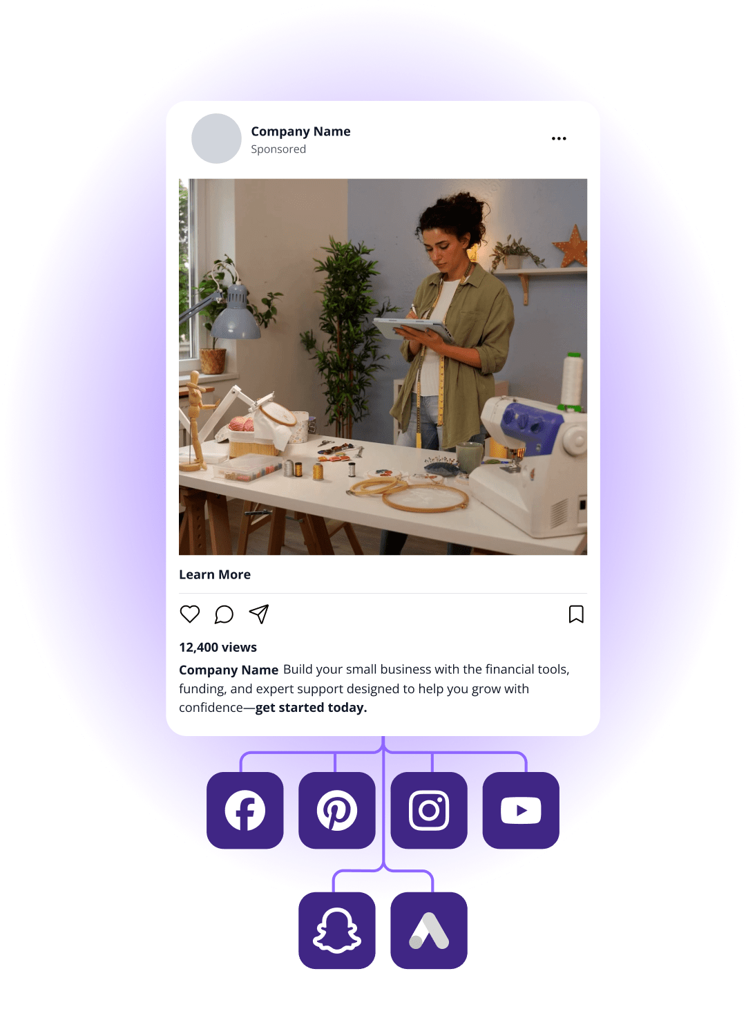 Social media platform dashboard with connected icons: Facebook, Pinterest, Instagram, YouTube, Google Ads, and Snapchat.