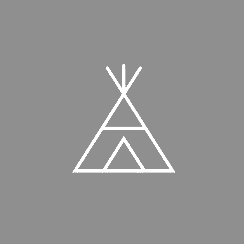 A white teepee icon on a green background.