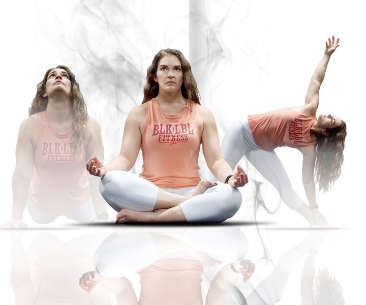 Woman in peach yoga top and white leggings meditating, with faded mirrored yoga poses on a white background.