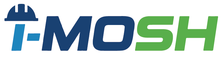 Logo for T-MOSH, a construction safety company. It features a hard hat icon and text in blue and green.
