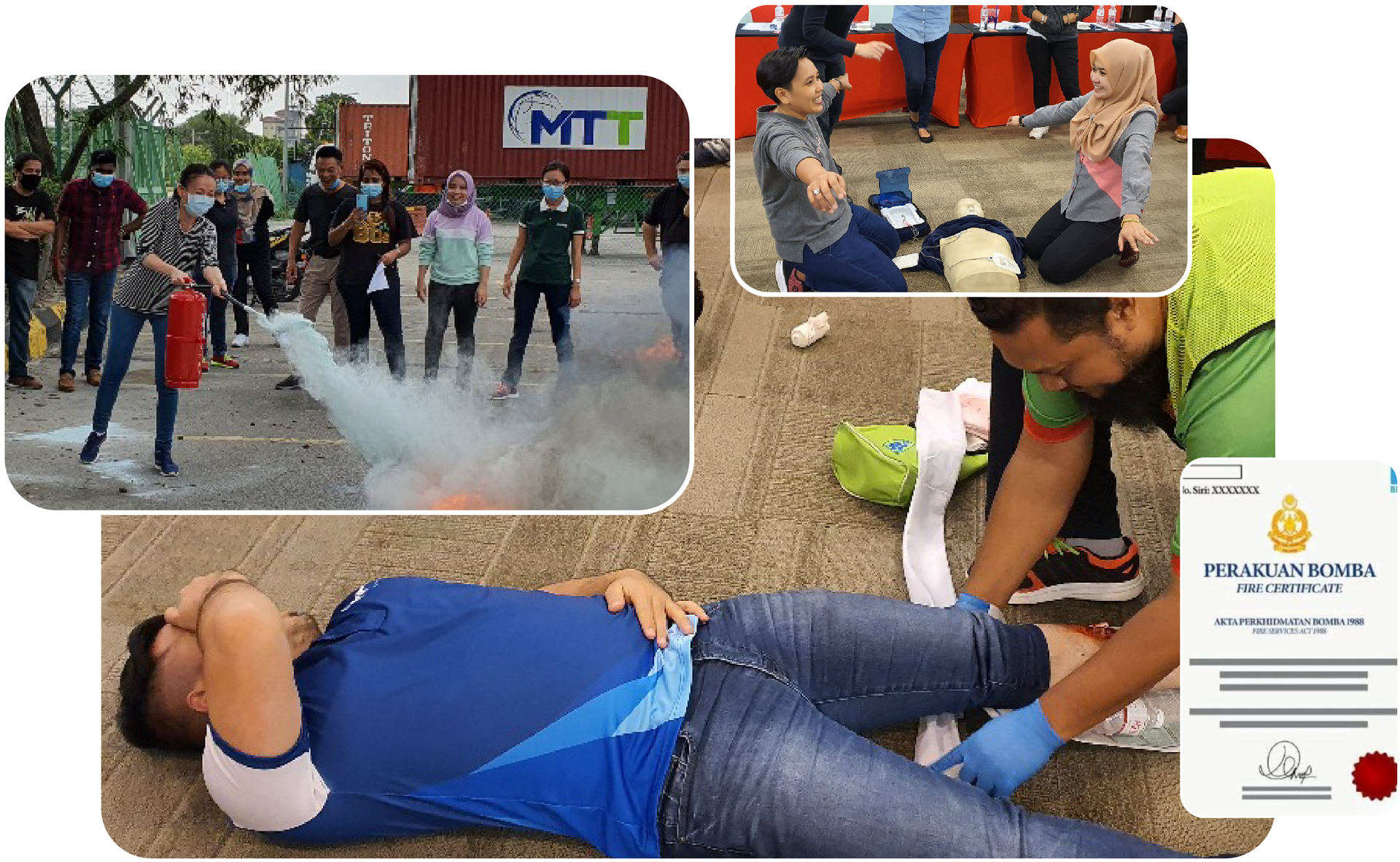 Fire safety and first aid training: using a fire extinguisher, mock injuries, and a certification.