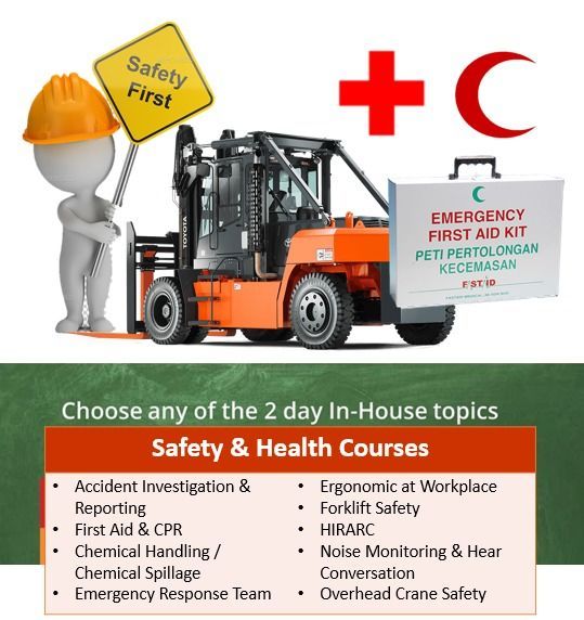 Safety and health course promotion: a forklift, first aid kit, and course topics listed.