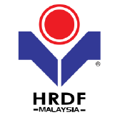 HRDF Malaysia logo: blue V-shaped figure with a red circle above, text 