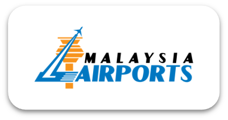 Malaysia Airports logo with blue and orange graphic of a tower, airplane, and text.