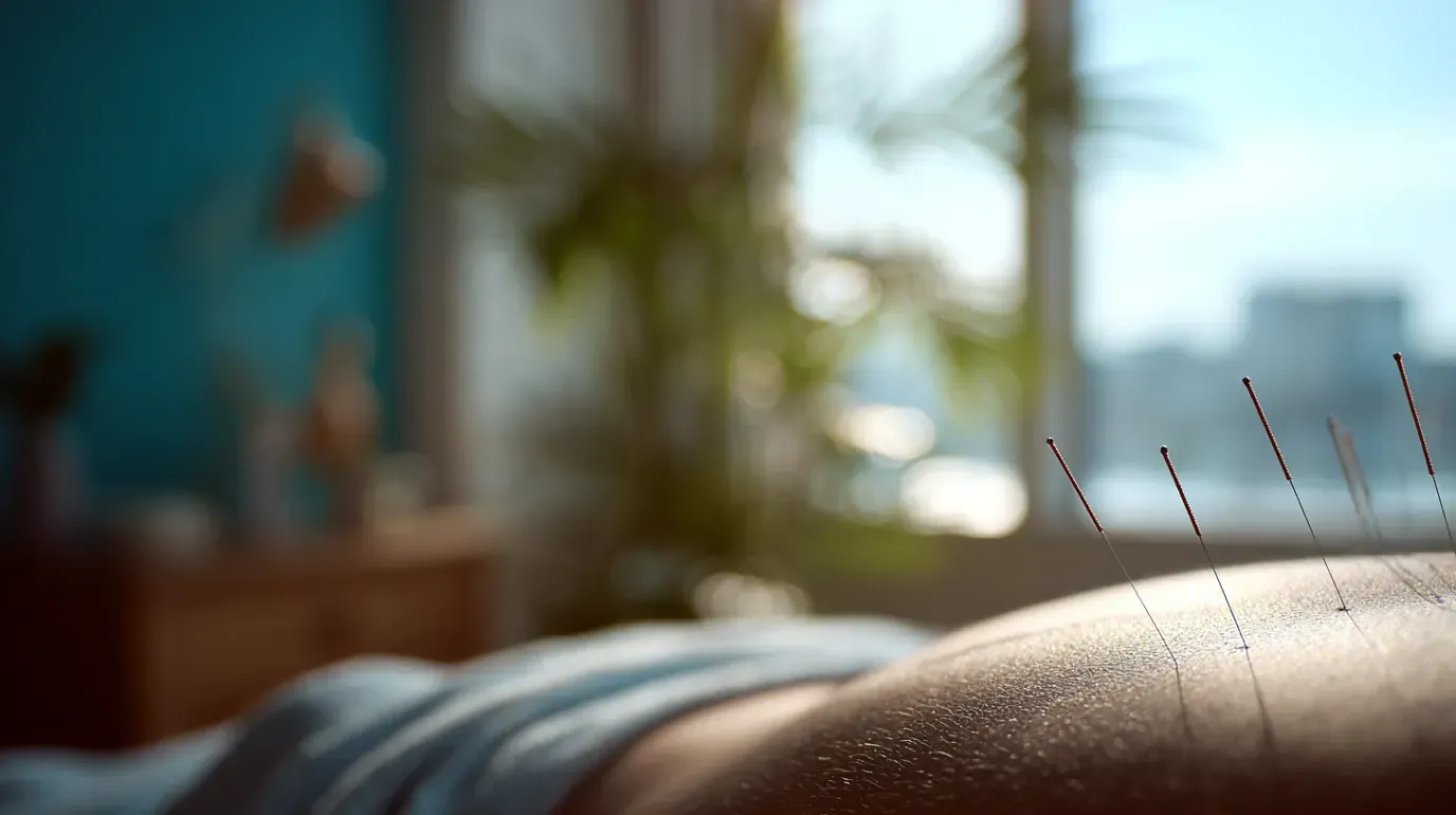 A person's back with acupuncture needles inserted; sunny room, blurred background.